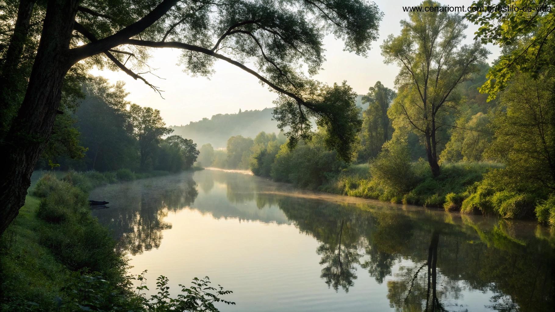 Cena tranquila da natureza com um rio suave fluindo e árvores lançando sombras sobre a água, simbolizando paz e reflexão, perfeita para reflexões e orações de domingo.