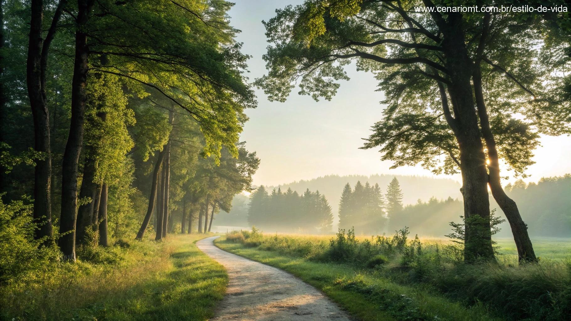 Caminho tranquilo através de uma floresta, simbolizando fé e reflexão.