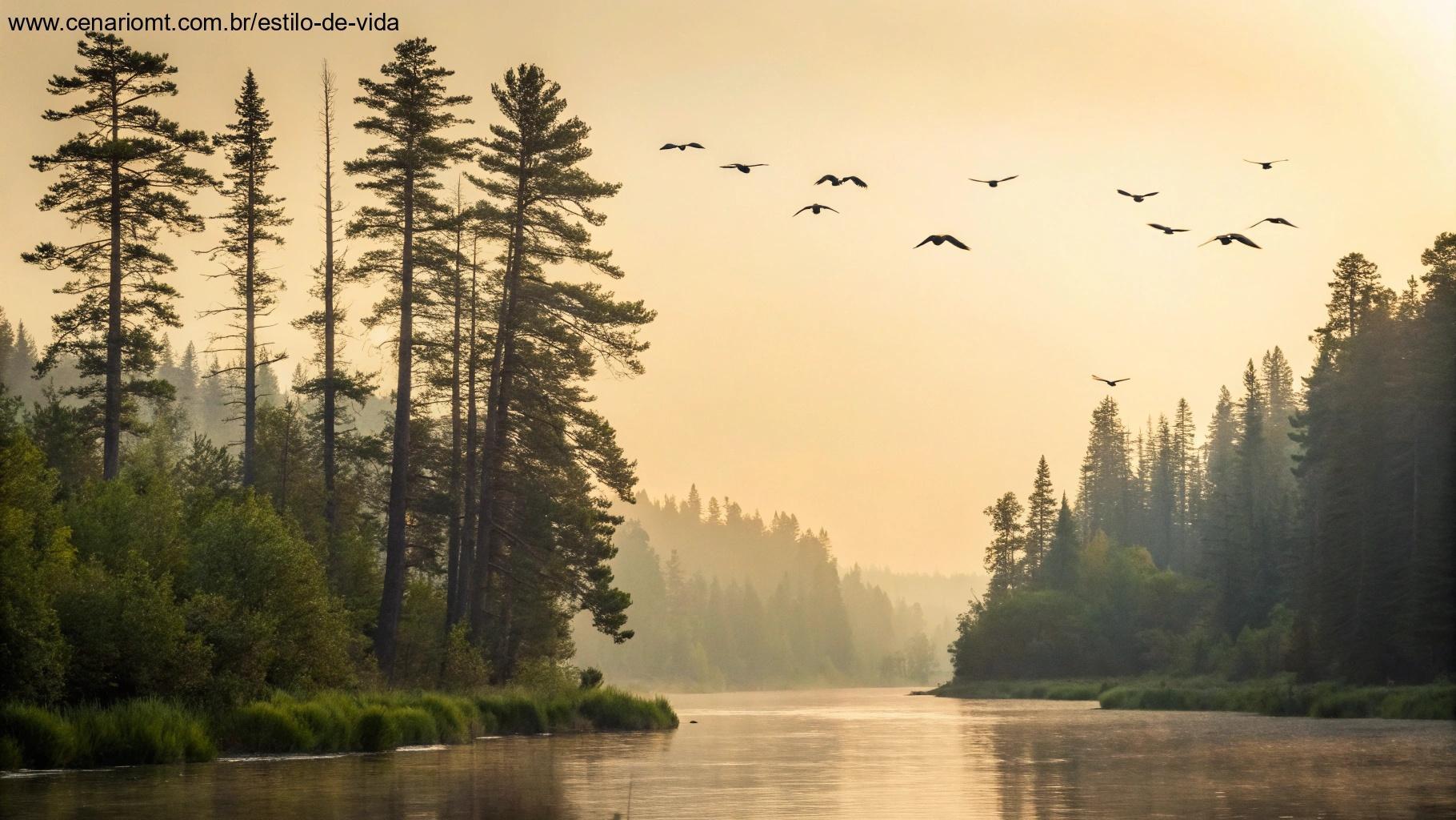 Elementos naturais tranquilos, como árvores, pássaros e um rio calmo, com luz dourada ao fundo.