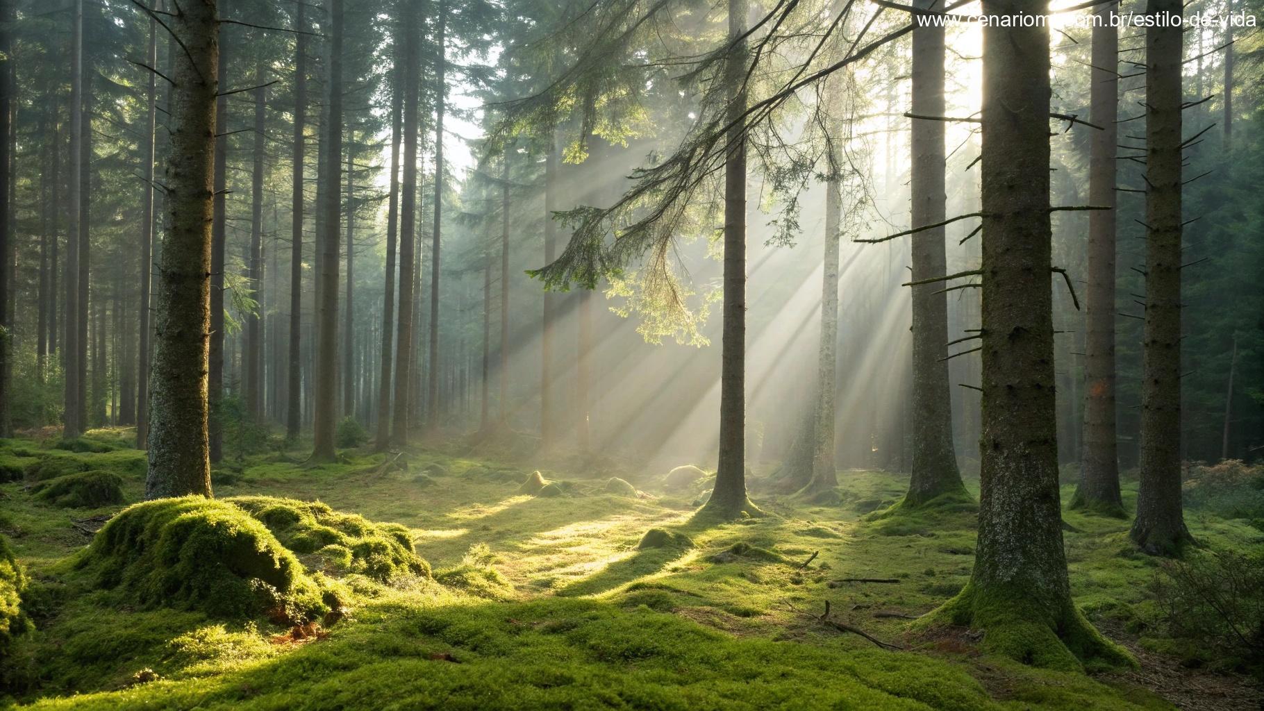 Cena tranquila de uma floresta com raios de sol iluminando o chão coberto de musgo.