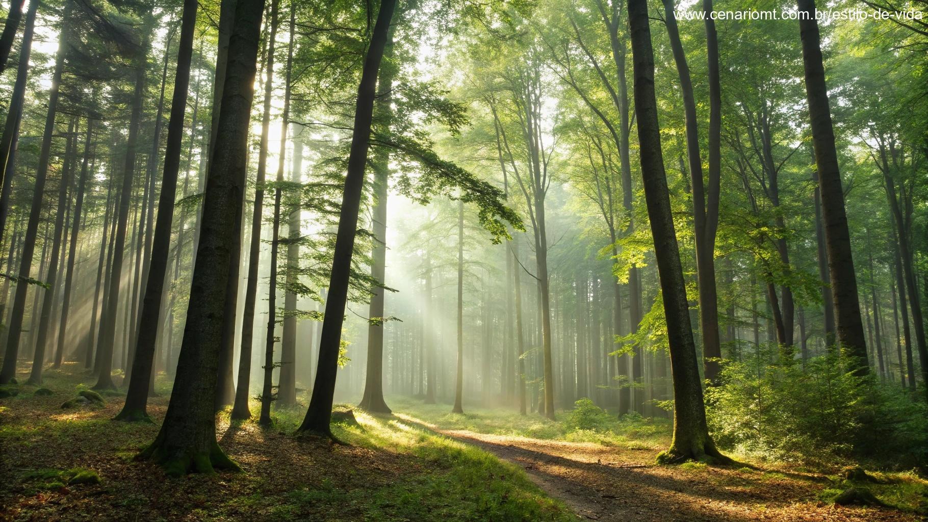 Uma floresta tranquila com árvores altas e luz do sol filtrando pelas folhas, criando uma atmosfera reflexiva e calma para a oração de encerramento.