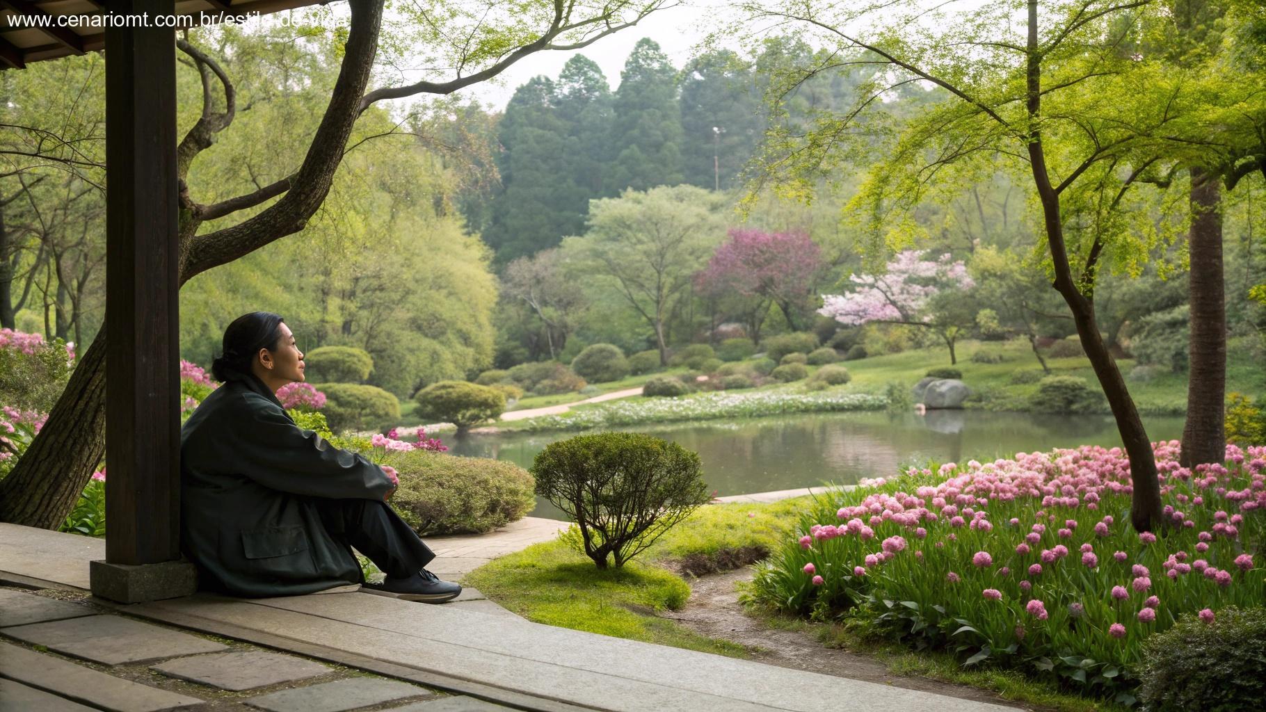 Pessoa sentada em um jardim tranquilo, refletindo sobre a vida e a semana à frente, cercada pela natureza e uma paisagem pacífica.