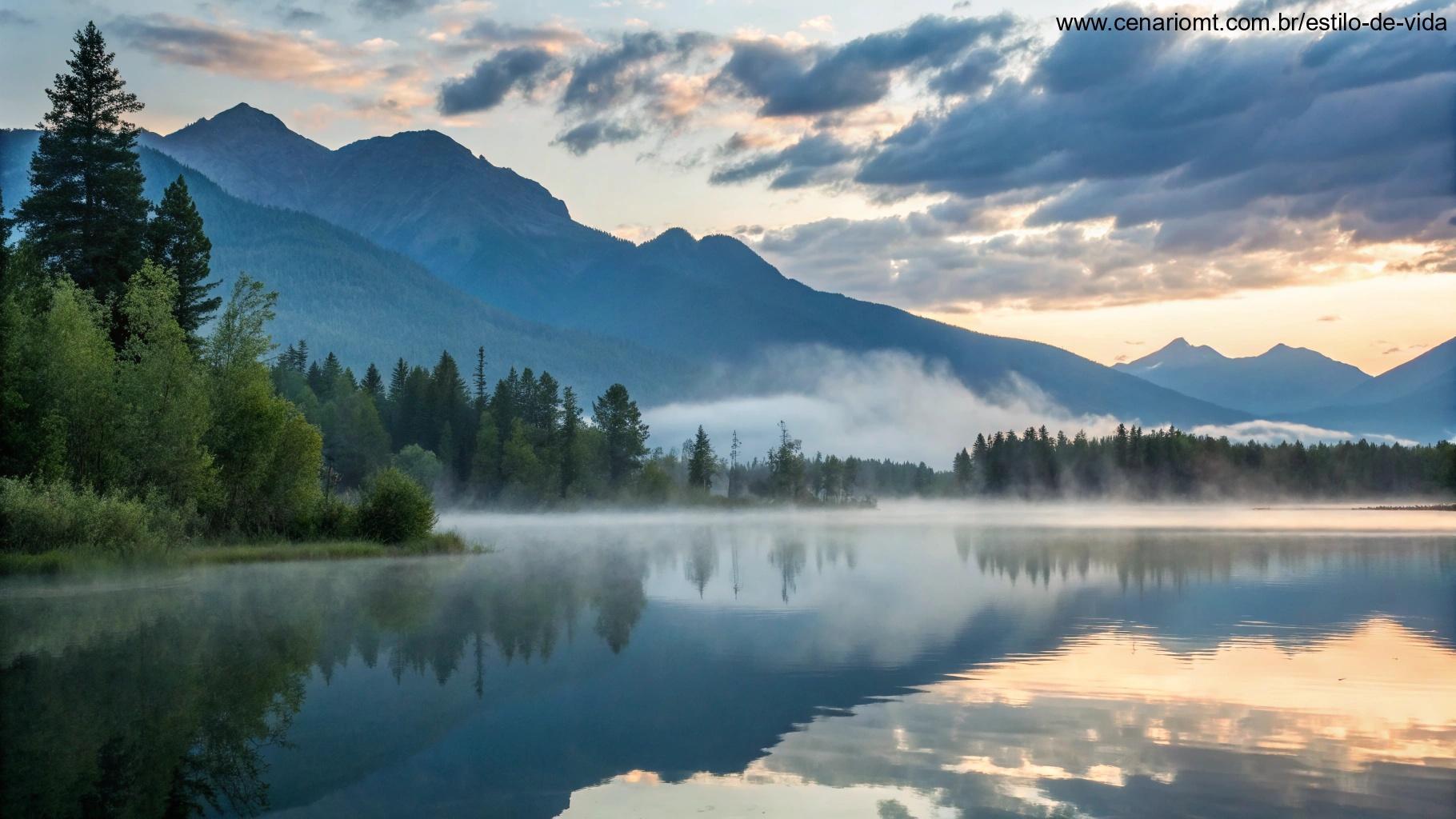 Paisagem serena com montanhas cobertas por névoa ao fundo e um lago calmo refletindo o céu da manhã.