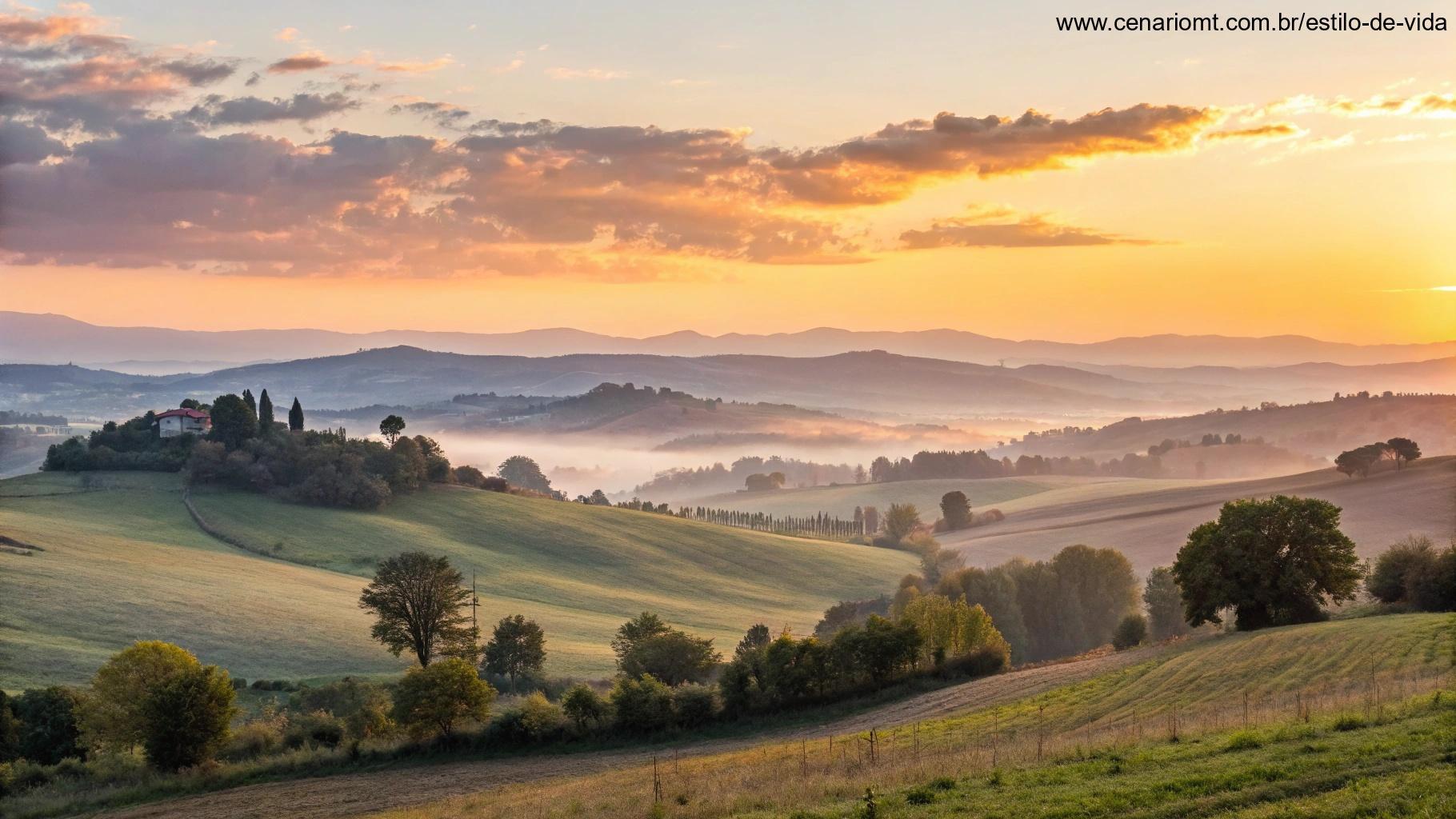 Um amanhecer tranquilo sobre uma paisagem rural, com colinas onduladas e um brilho dourado iluminando o céu da manhã, perfeito para reflexão e fé.