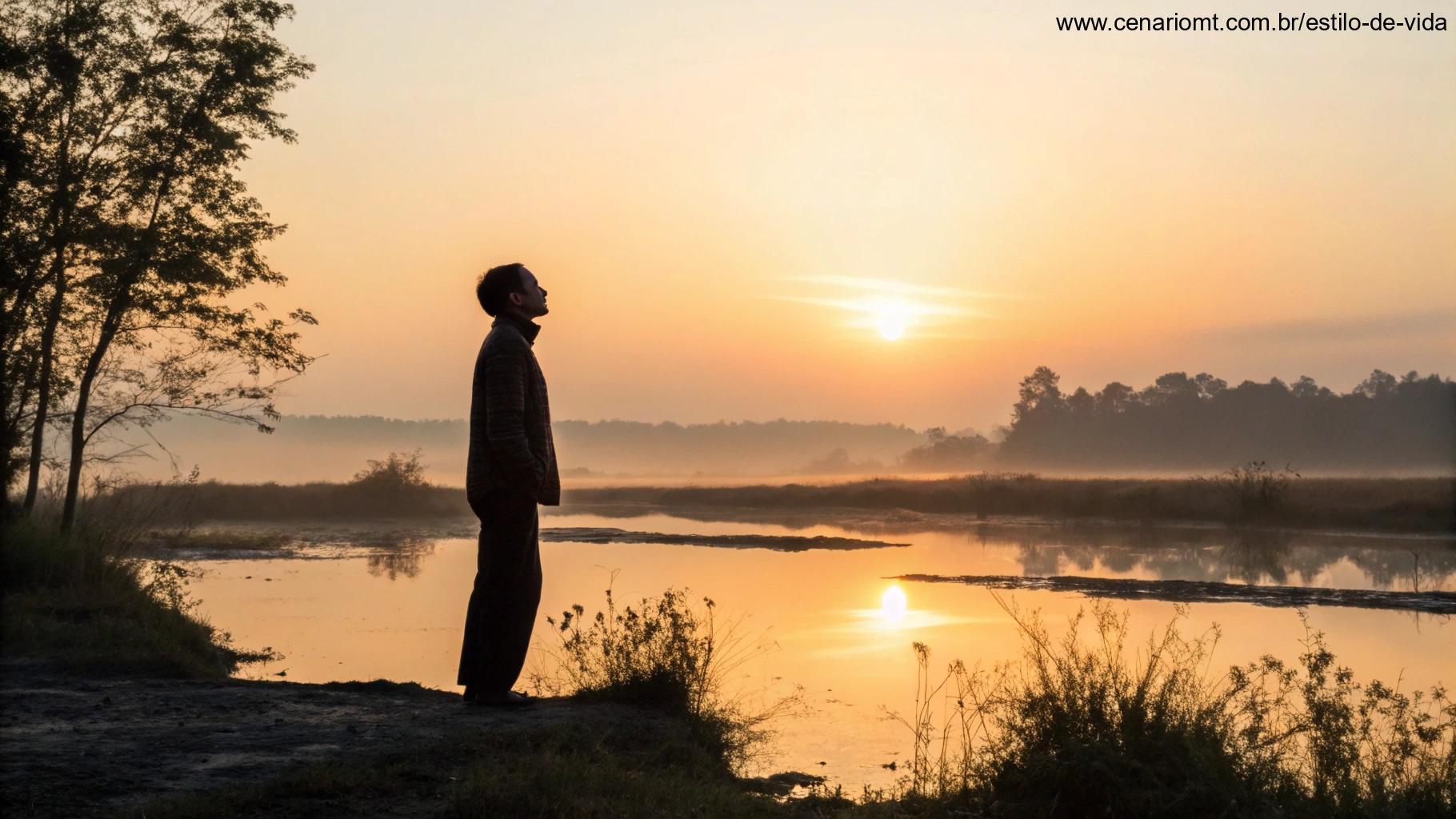 Imagem de uma pessoa contemplando um nascer do sol brilhante, cercada pela natureza, simbolizando a reflexão necessária para começar o dia com fé e gratidão.