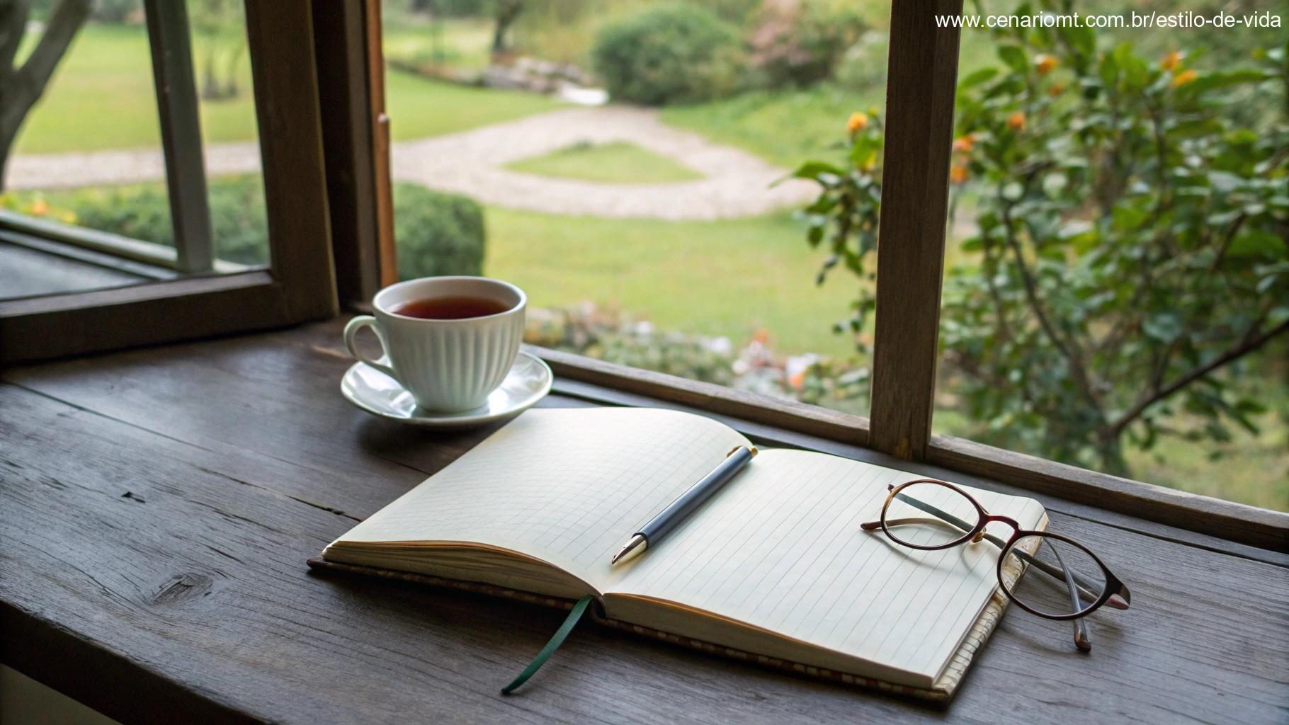 Uma mesa tranquila com um diário aberto, uma xícara de chá e óculos de leitura, com uma janela ao fundo mostrando um jardim sereno
