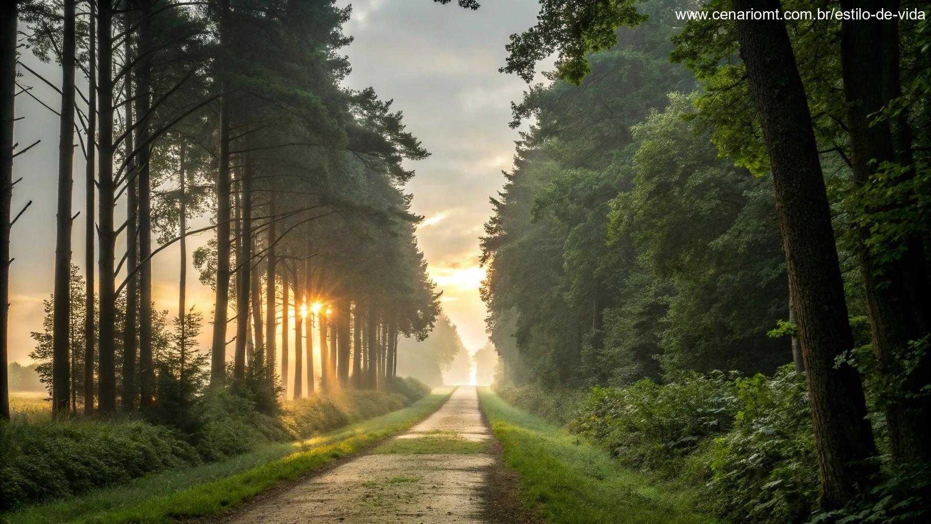 Caminho tranquilo na floresta com a luz do sol filtrando através de árvores altas, levando a uma luz distante e brilhante, simbolizando esperança e reflexão