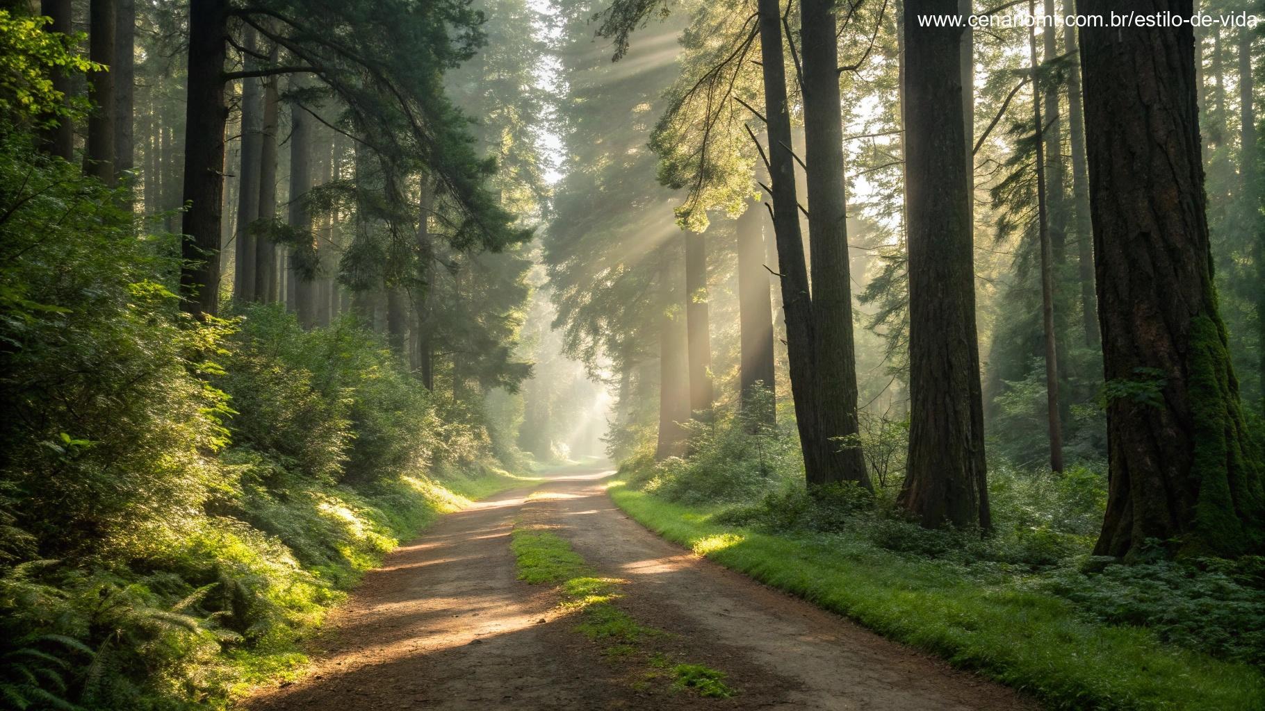 Caminho tranquilo na floresta iluminado pela luz suave do sol filtrando através das árvores altas, criando um clima reflexivo e tranquilo