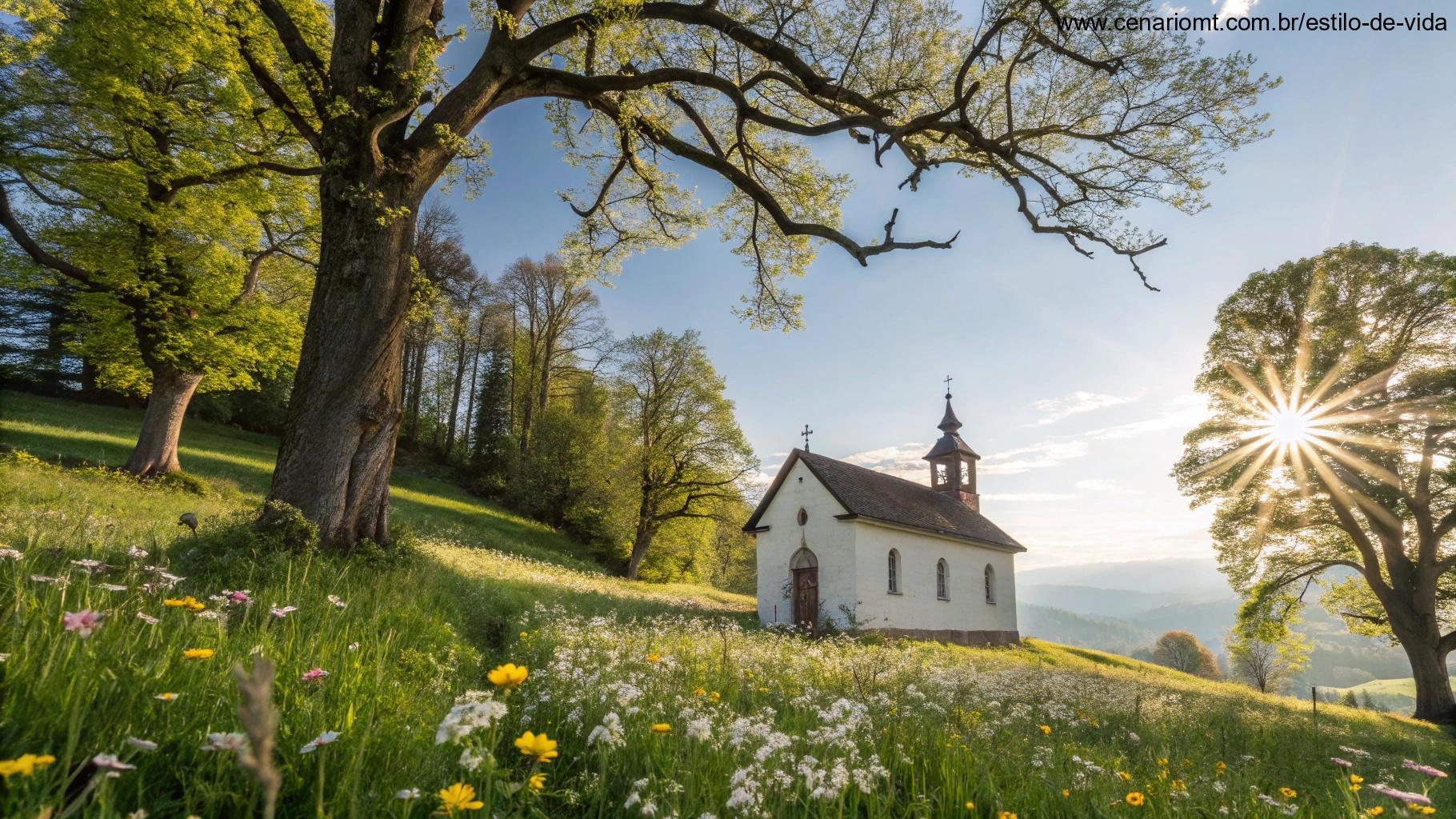 Um caminho tranquilo através de uma floresta com a luz do sol filtrando pelas árvores, evocando uma sensação de reflexão e bênção