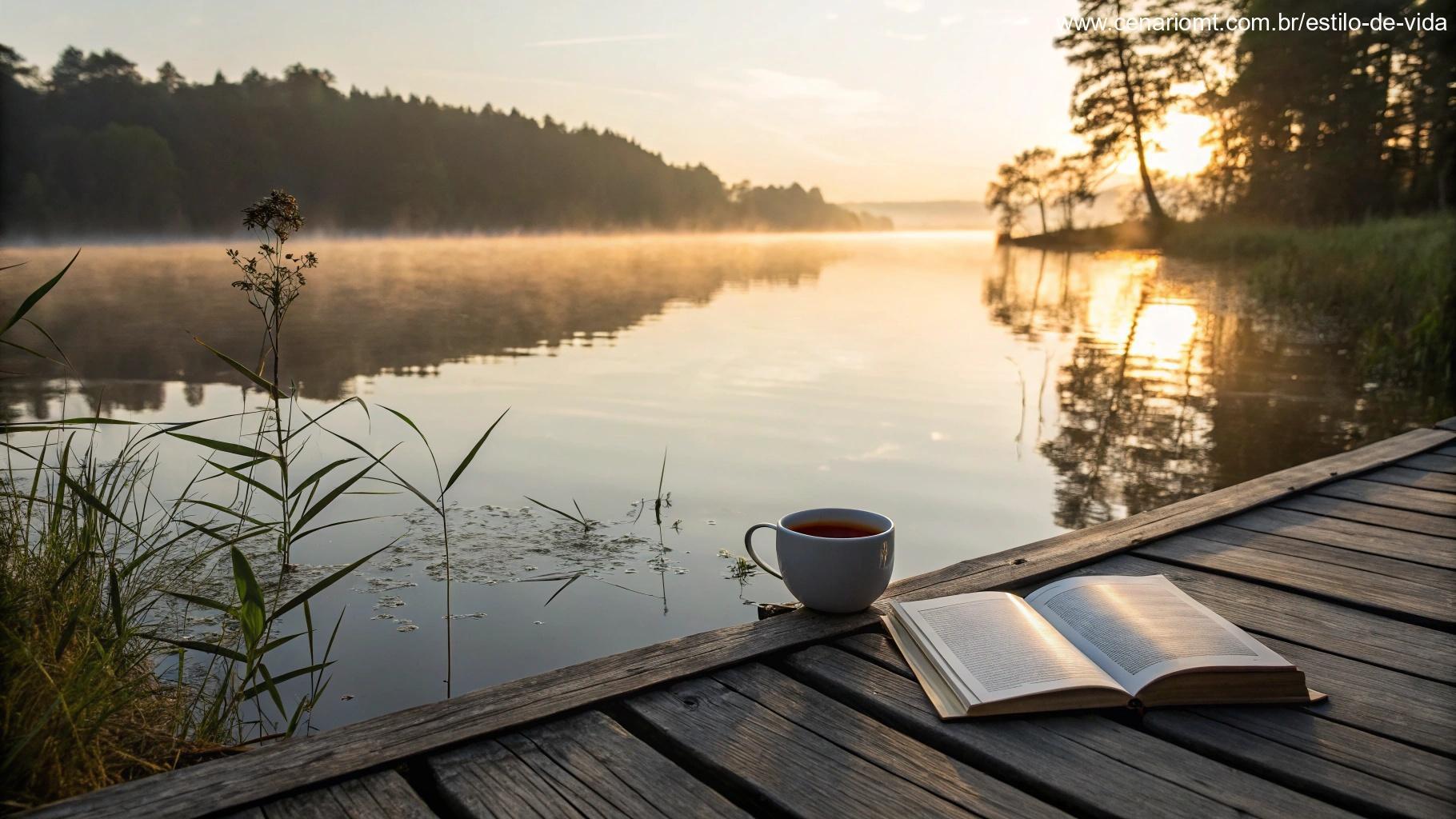 Lago sereno ao amanhecer, píer de madeira e um livro ao lado de uma xícara de chá.