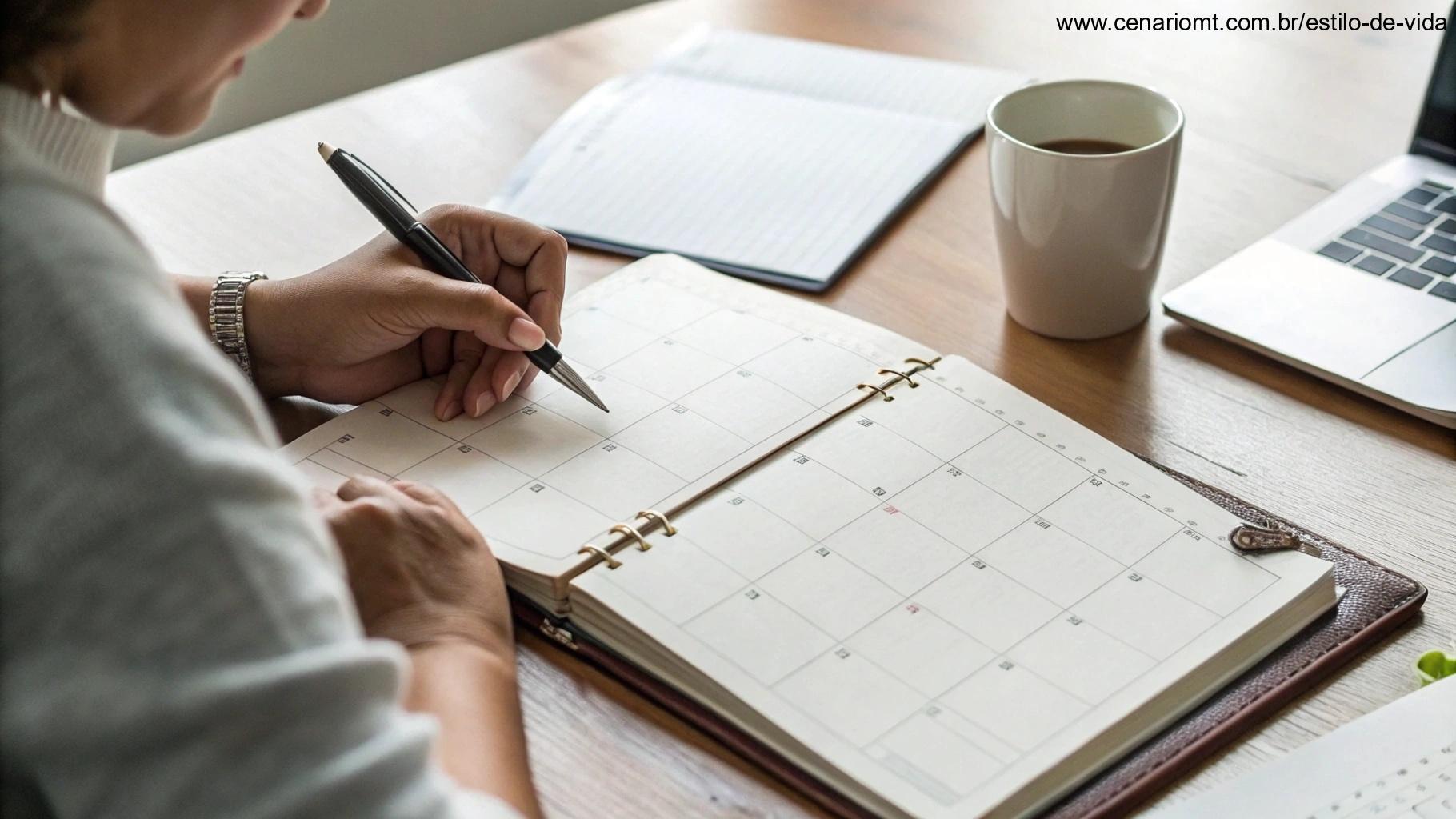 Espaço de trabalho ocupado com uma pessoa escrevendo em um planejador, com um calendário e lista de tarefas na mesa, simbolizando produtividade e organização para uma semana de sucesso.
