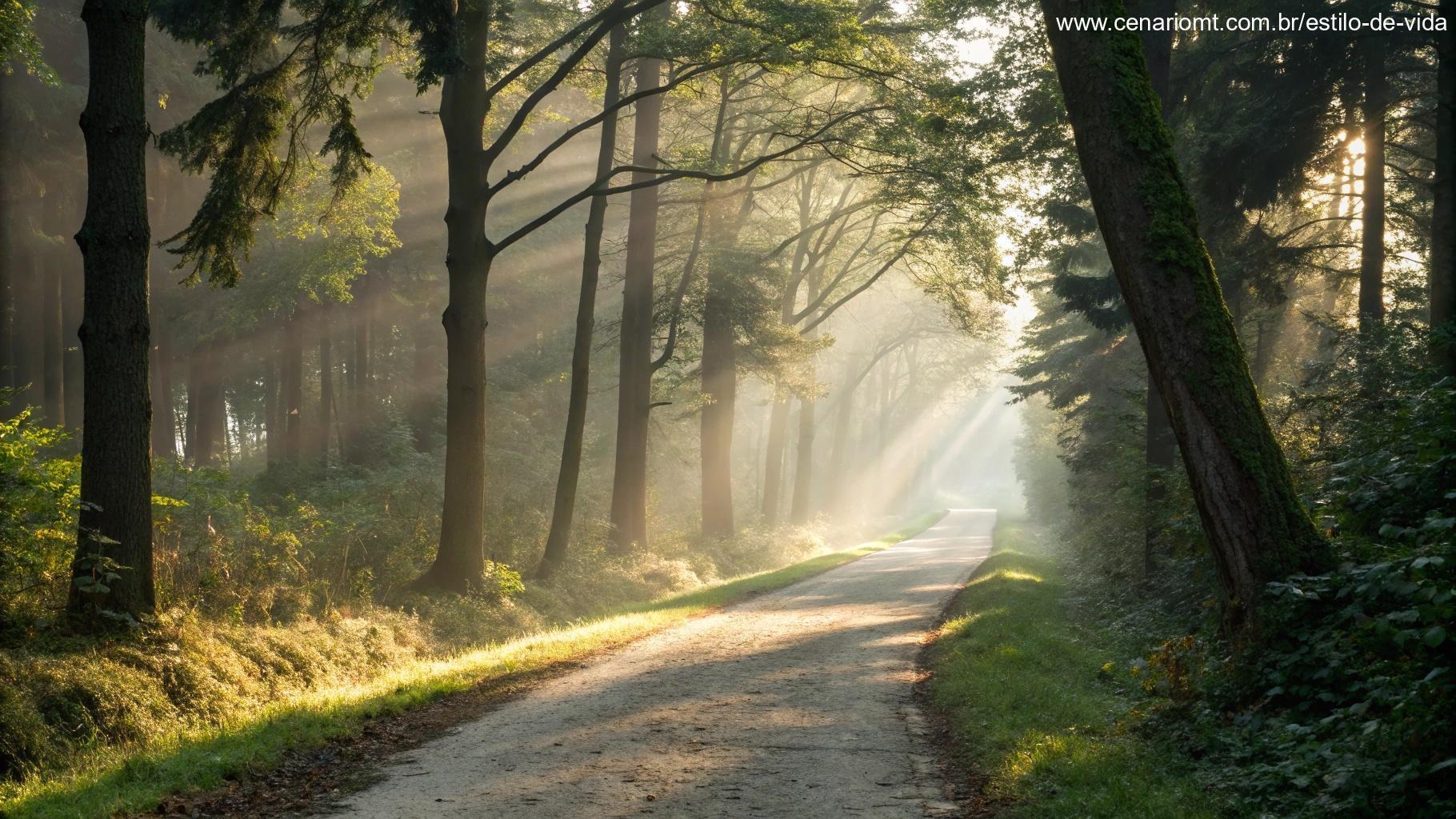 Caminho tranquilo na floresta iluminado pela suave luz da manhã, com raios de sol filtrando pelas árvores, criando uma atmosfera tranquila e reflexiva para uma terça-feira abençoada.