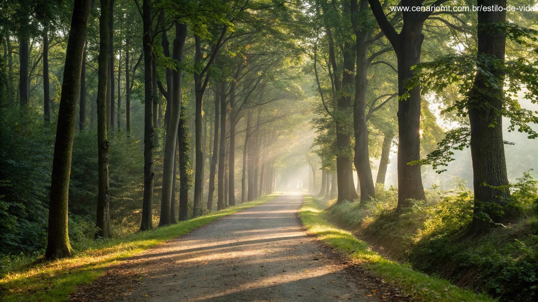 Imagem representando um caminho tranquilo na floresta com árvores e luz suave filtrando pelas folhas.