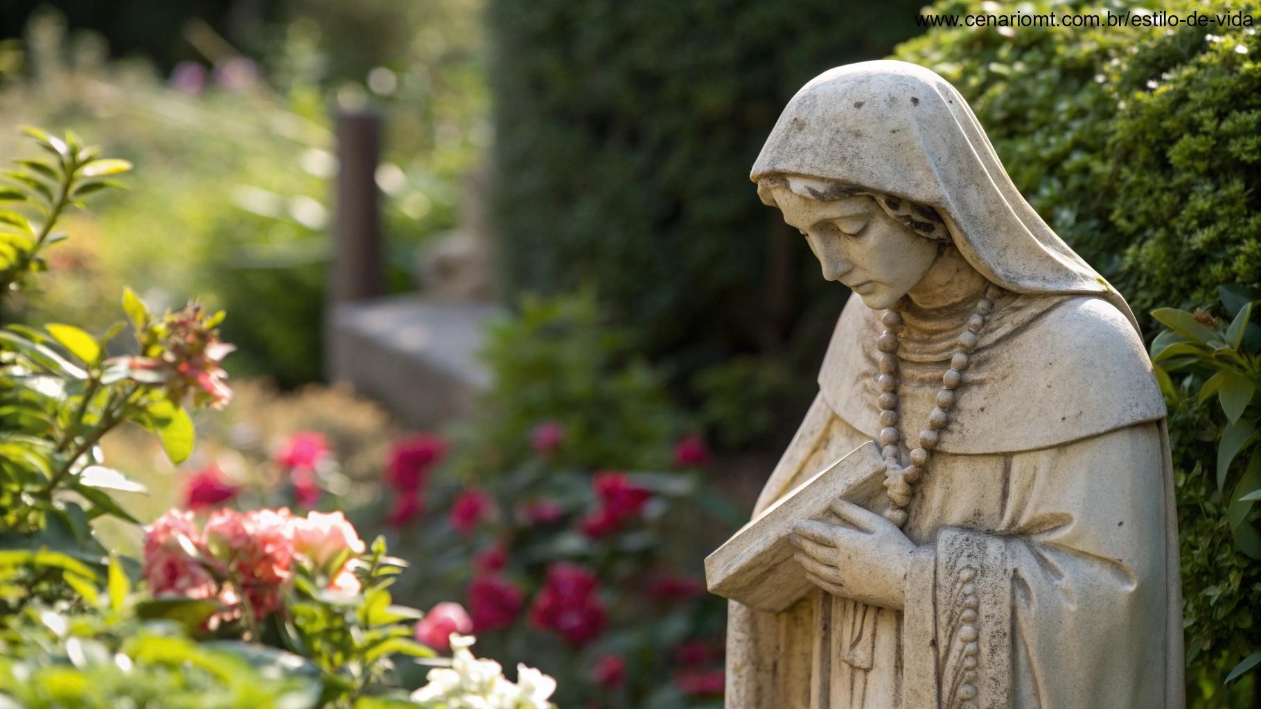 Estátua de um santo em um jardim, com detalhes de flores e luz suave.