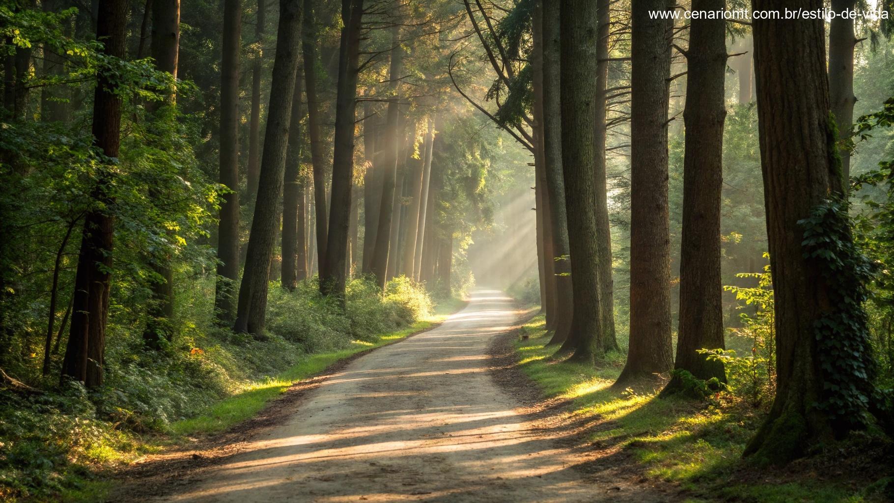Caminho tranquilo na floresta, cercado por árvores altas, com a luz suave do sol criando um ambiente pacífico e reflexivo, perfeito para a contemplação e oração no Dia de Oração.