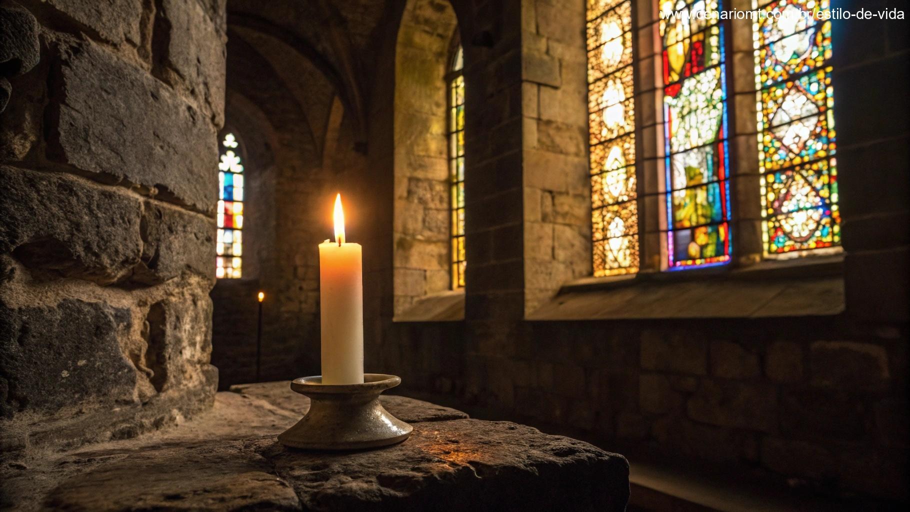 Uma única vela queimando intensamente em uma capela de pedra escura com vitrais projetando padrões de luz colorida nas paredes antigas