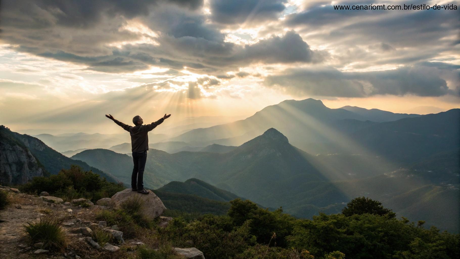 Paisagem montanhosa ao amanhecer, com raios de luz atravessando as nuvens, simbolizando esperança e renovação.
