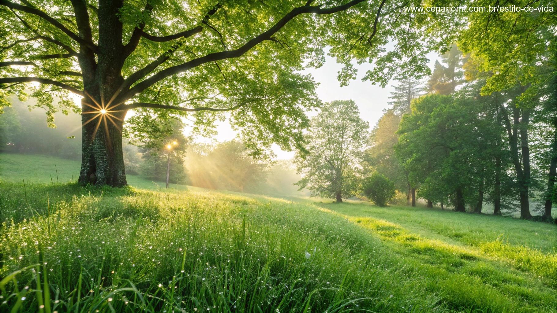 Paisagem natural vibrante com árvores verdes exuberantes, orvalho fresco na grama e os primeiros raios de sol atravessando, simbolizando renovação, energia e um novo começo para a semana.