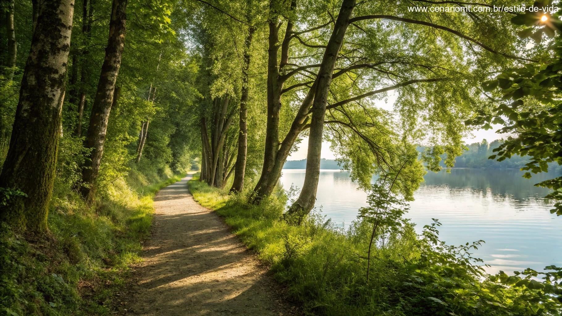 Caminho tranquilo na floresta com luz suave filtrada pelas folhas, folhas se movendo com a brisa, um ambiente sereno evocando pensamentos de oração, água calma refletindo o céu e beleza natural ao redor.