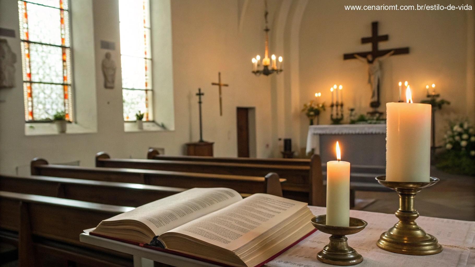 Interior de uma igreja silenciosa com velas acesas e uma Bíblia aberta no altar.