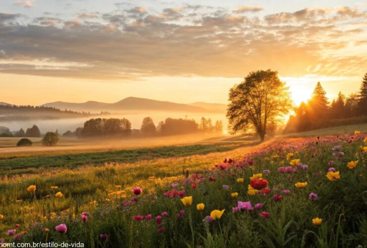 Paisagem tranquila com um amanhecer brilhante e luz dourada suave iluminando um campo de flores, simbolizando a força e beleza das mulheres no Dia Internacional da Mulher.
