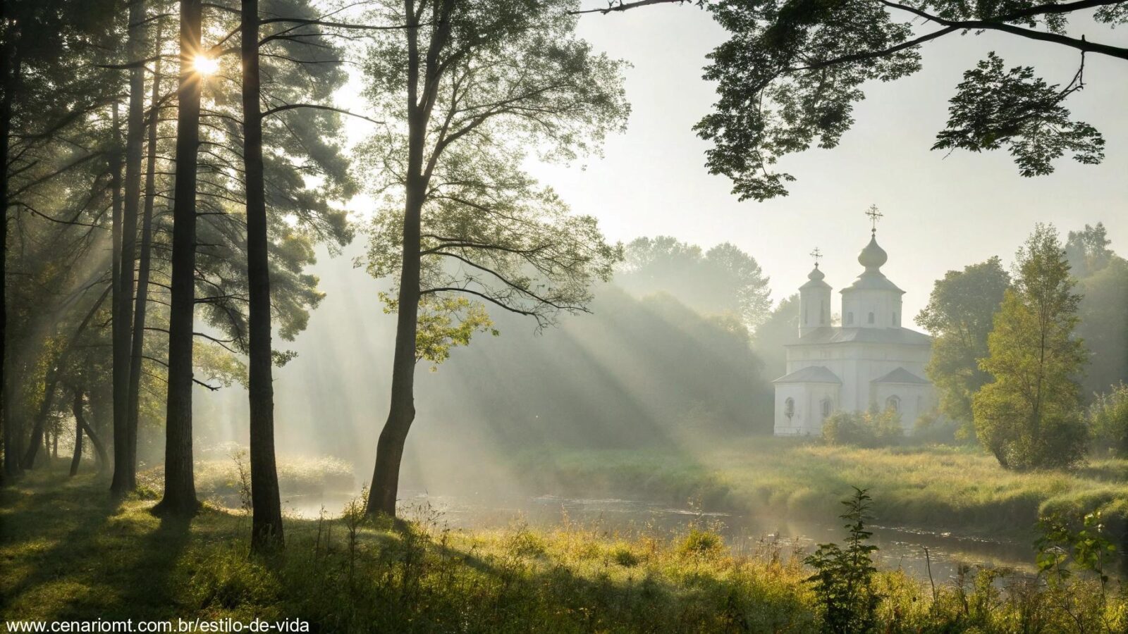 Cena tranquila da natureza com luz suave filtrando pelas árvores, simbolizando reflexão espiritual e calma, com um fundo sutil de uma igreja ou iconografia religiosa.
