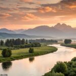 Paisagem serena ao nascer do sol com um rio calmo fluindo por um vale verdejante, cercado por montanhas distantes, simbolizando paz e reflexão