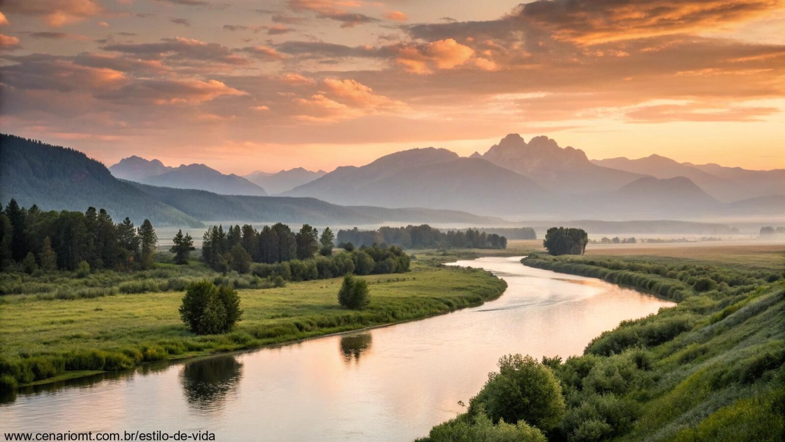 Paisagem serena ao nascer do sol com um rio calmo fluindo por um vale verdejante, cercado por montanhas distantes, simbolizando paz e reflexão