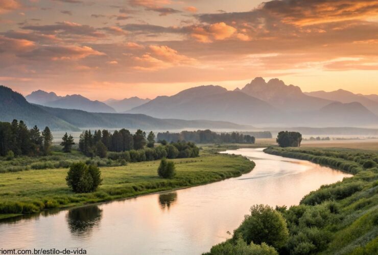 Paisagem serena ao nascer do sol com um rio calmo fluindo por um vale verdejante, cercado por montanhas distantes, simbolizando paz e reflexão