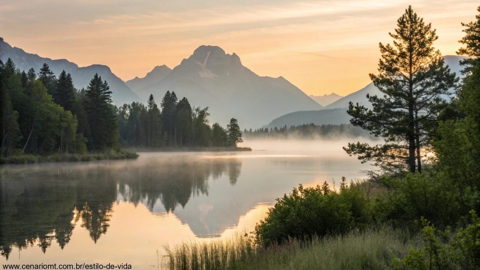 Uma paisagem tranquila e serena ao amanhecer, com luz suave iluminando um lago calmo cercado por árvores e montanhas distantes.