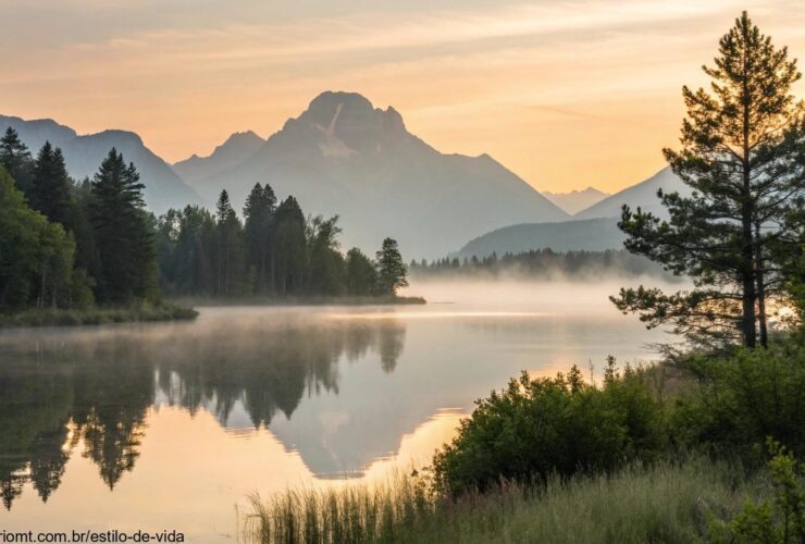 Uma paisagem tranquila e serena ao amanhecer, com luz suave iluminando um lago calmo cercado por árvores e montanhas distantes.