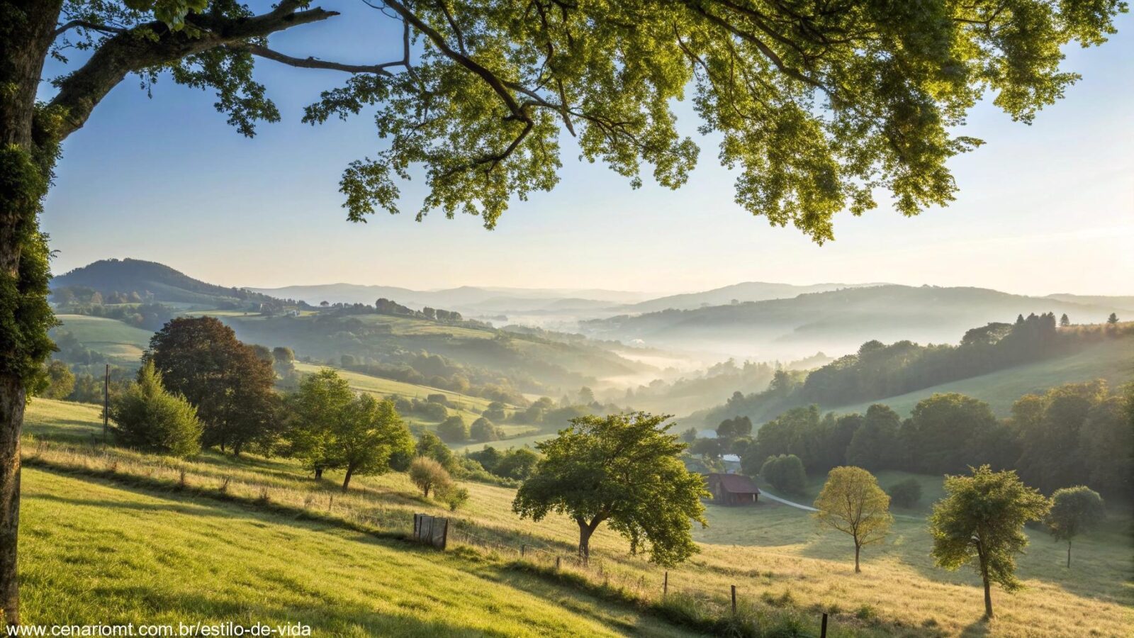 Paisagem tranquila com luz suave e ambiente calmo, representando um domingo de descanso e reflexão.