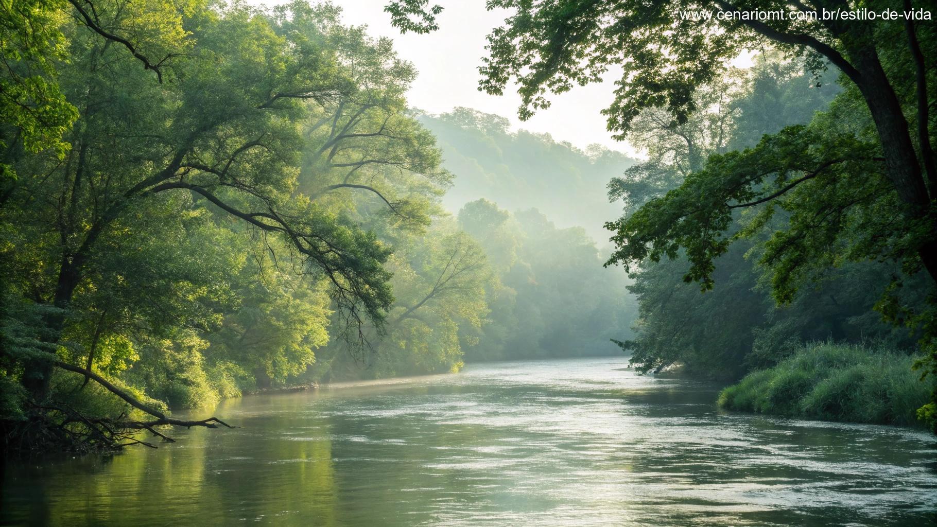 Imagem de um rio tranquilo cercado por árvores verdes, representando o Salmo do Dia e Aprofundamento Espiritual.
