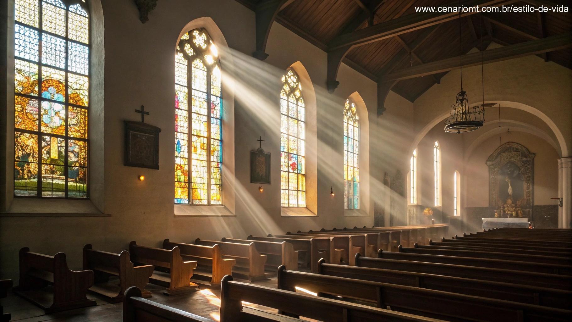 Igreja tranquila e vazia com luz do sol filtrando pelas janelas de vitrais, criando uma sensação de paz e reflexão espiritual.