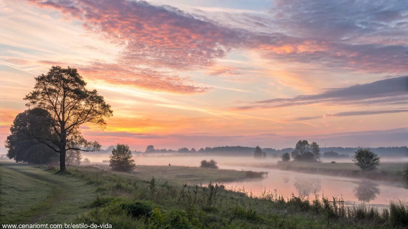 Imagem do Salmo do dia, mostrando um nascer do sol tranquilo em uma paisagem pacífica.