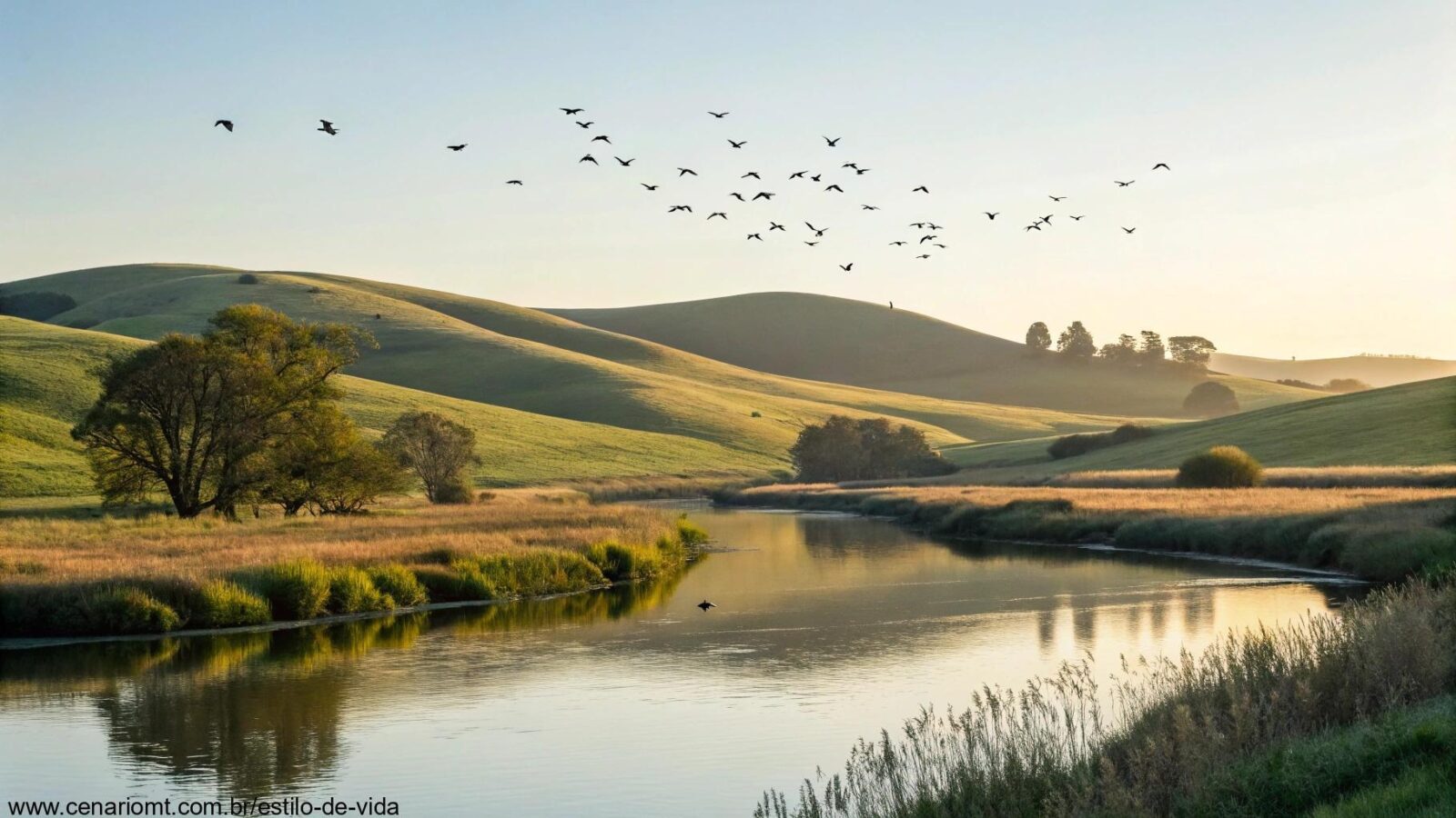 Paisagem tranquila e serena, com colinas suaves, um rio calmo e pássaros no céu.