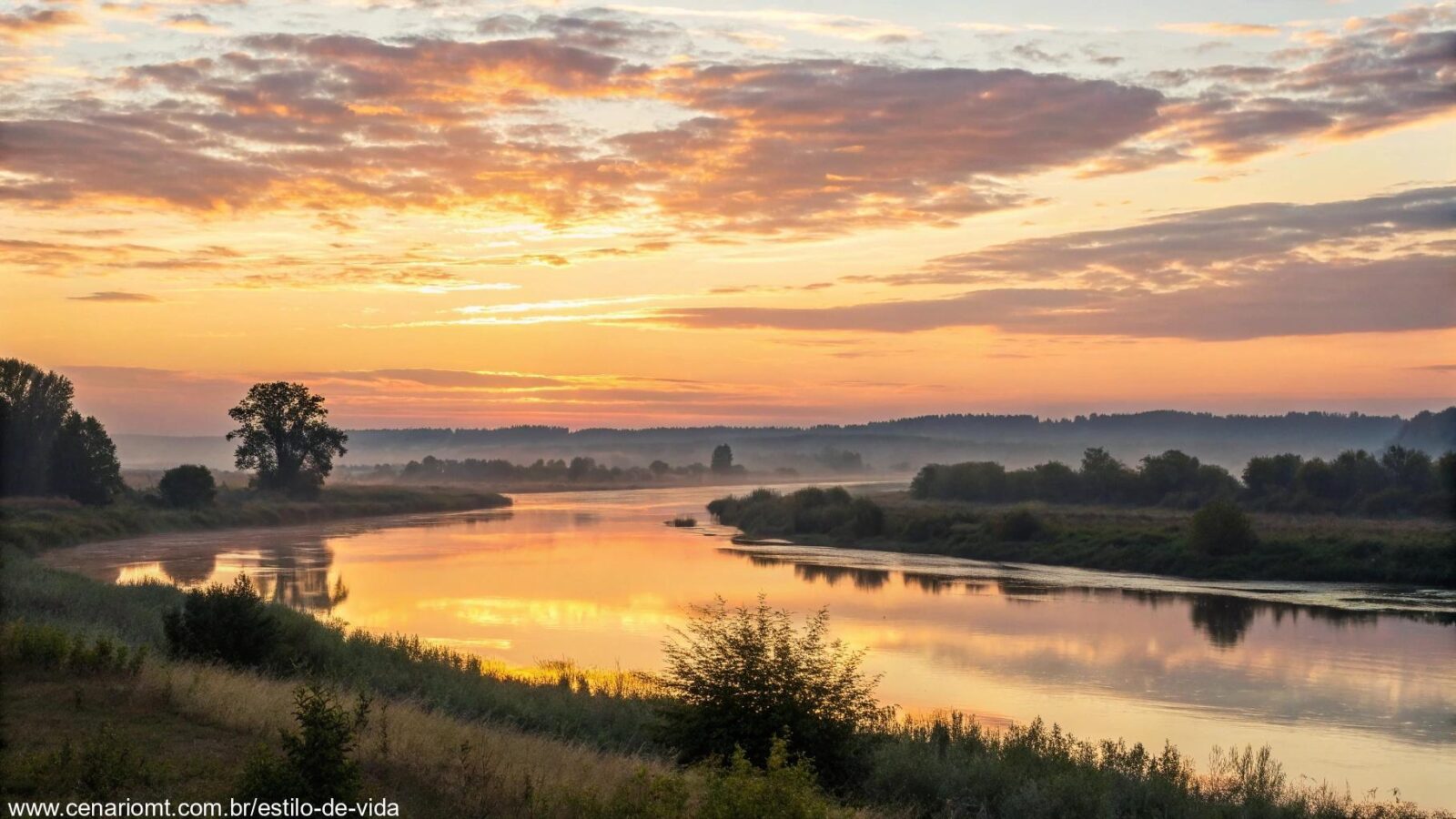 Imagem de um amanhecer tranquilo sobre uma paisagem serena.