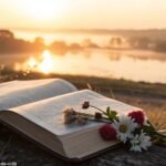 Cenário tranquilo de manhã com luz dourada suave, com uma Bíblia aberta e algumas flores ao redor, simbolizando um momento de reflexão e oração.