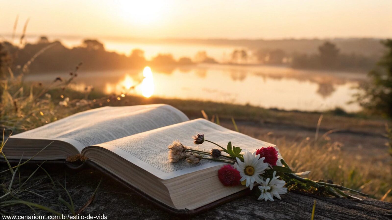 Cenário tranquilo de manhã com luz dourada suave, com uma Bíblia aberta e algumas flores ao redor, simbolizando um momento de reflexão e oração.