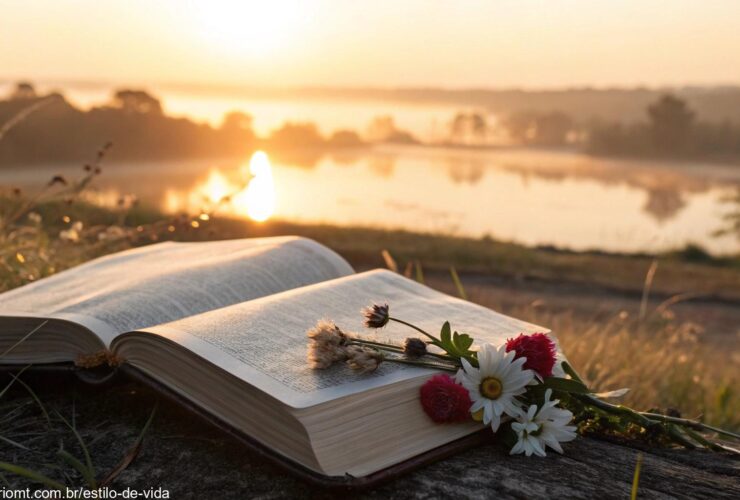 Cenário tranquilo de manhã com luz dourada suave, com uma Bíblia aberta e algumas flores ao redor, simbolizando um momento de reflexão e oração.