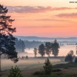 Paisagem tranquila e serena ao amanhecer, com luz suave e quente filtrando pelas árvores, simbolizando calma e reflexão.