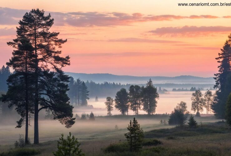 Paisagem tranquila e serena ao amanhecer, com luz suave e quente filtrando pelas árvores, simbolizando calma e reflexão.
