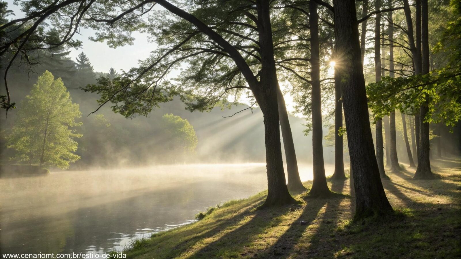 Uma manhã serena com raios de sol filtrando através das árvores, com névoa suave no ar e um rio calmo, simbolizando paz e reflexão.