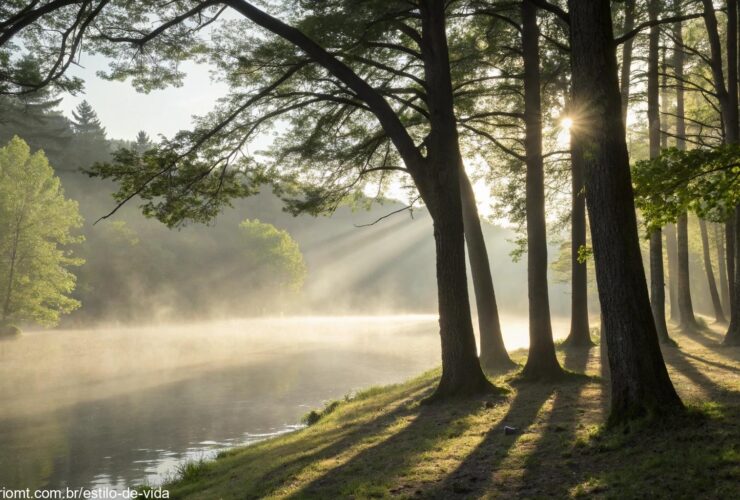 Uma manhã serena com raios de sol filtrando através das árvores, com névoa suave no ar e um rio calmo, simbolizando paz e reflexão.
