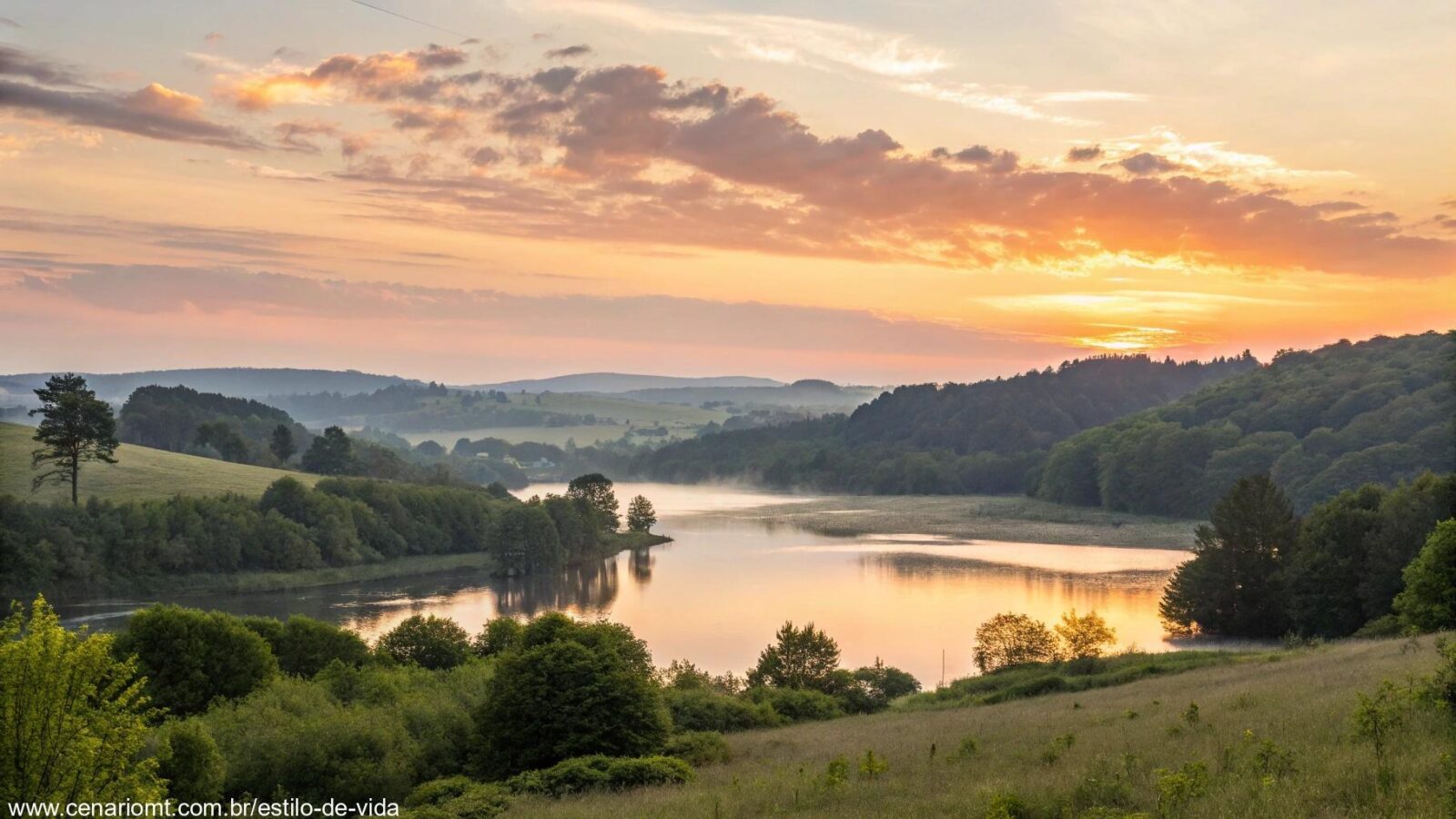 Paisagem serena e pacífica ao amanhecer, com um nascer do sol brilhante ao fundo, simbolizando um novo começo.