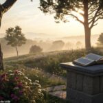 Paisagem serena ao nascer do sol com um livro aberto em um pedestal de pedra, cercado por flores desabrochando e luz suave filtrando pelas árvores
