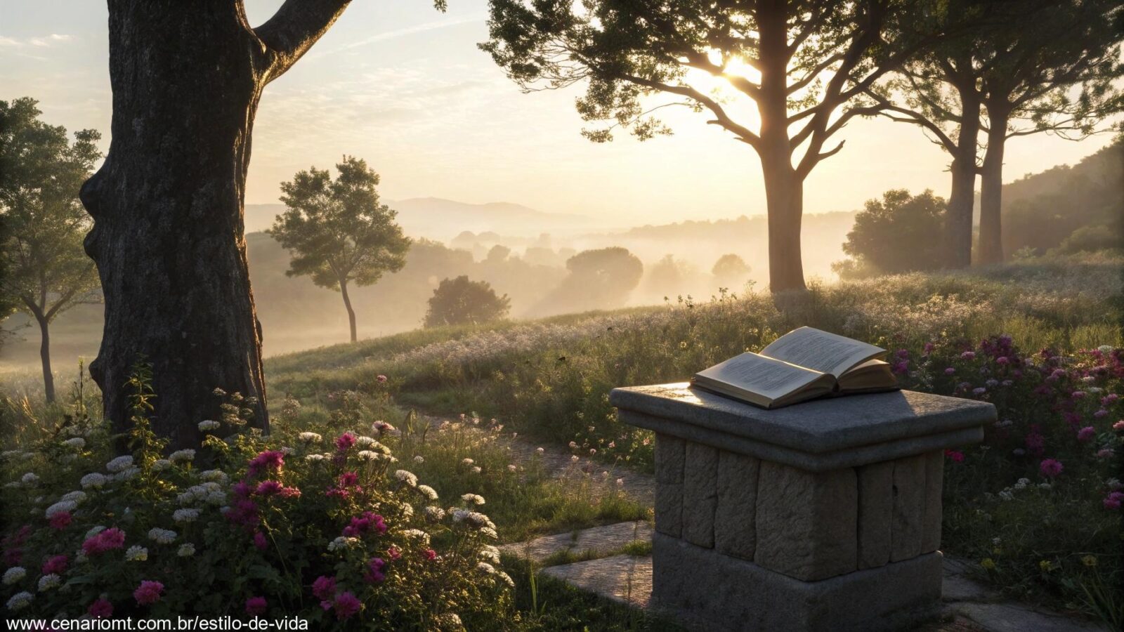 Paisagem serena ao nascer do sol com um livro aberto em um pedestal de pedra, cercado por flores desabrochando e luz suave filtrando pelas árvores