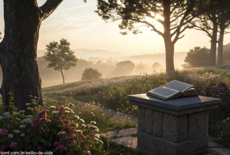 Paisagem serena ao nascer do sol com um livro aberto em um pedestal de pedra, cercado por flores desabrochando e luz suave filtrando pelas árvores