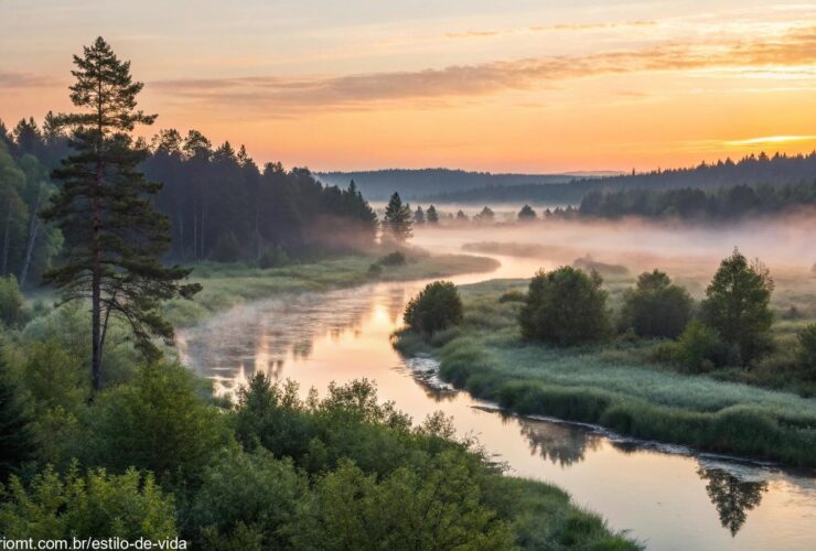 Cenário de um amanhecer tranquilo com um rio fluindo por uma floresta.