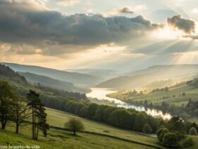 Paisagem serena com luz suave do sol quebrando as nuvens sobre um vale tranquilo, evocando uma sensação de reflexão e oração.